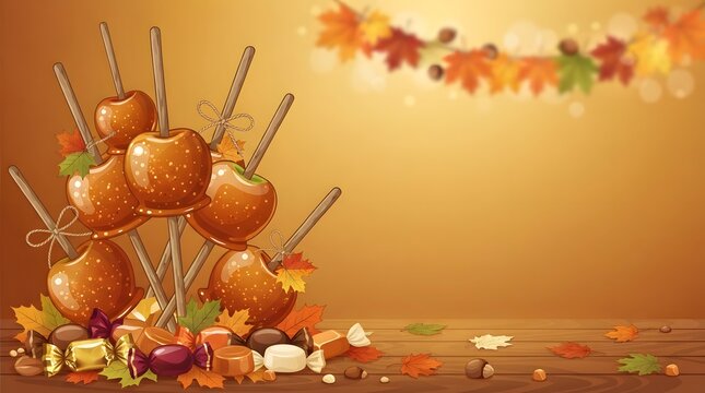 Glazed caramel candy apples on wooden table with autumn leaves and assorted sweets background.