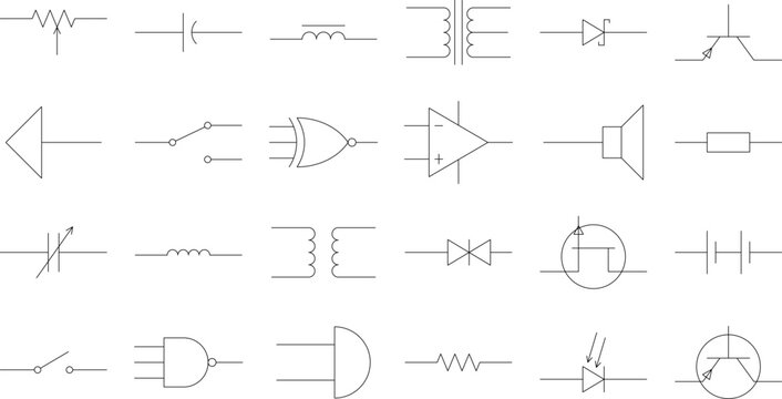 Electronic schematic symbols set, 2D CAD blocks: resistor, capacitor, inductor, diode, LED, transistor, battery, ground, switch, logic gates, line vector for circuit diagrams