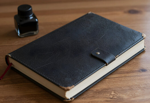 Creativity and writing inspiration vintage leather journal with ink bottle on wooden desk for storytelling journaling and personal reflection practice