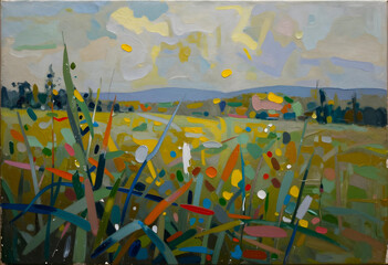 Naklejka premium Nature landscape painting, impressionist meadow and field scenery with abstract brushstrokes and vibrant colors for artistic home decor and wall art