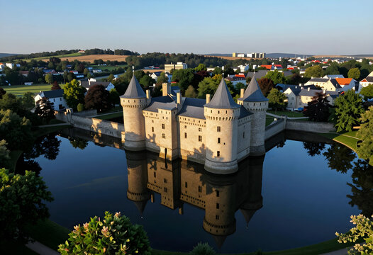 Heritage tourism and historical travel, medieval castle with stone towers and moat reflection in a European village landscape at sunset golden hour