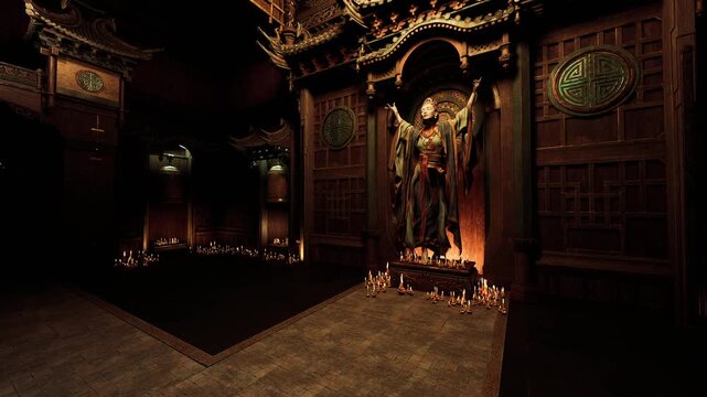 expansive dark nave with distant altarpiece and rows of glowing candles, heavy shadow and broad negative space create dramatic silent stage for ritual
