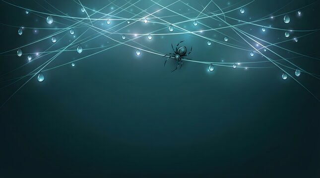 Single spider resting on web line with hanging water droplets against dark teal background art.