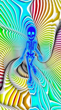 Seamless vertical video psychedelic walking skeleton painted style cartoon. Hypnotic Halloween background with wave with echo effect