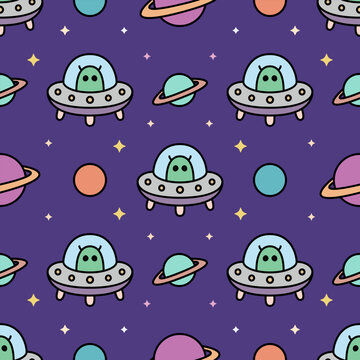 Cute kawaii alien UFO spaceship and planet seamless pattern