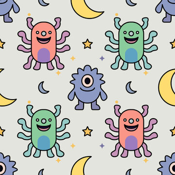 Cute kawaii space alien monster and moon seamless pattern