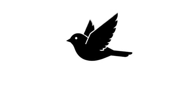Minimalist black silhouette of a small bird flying isolated on a white background.