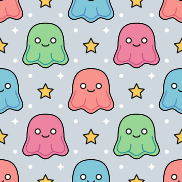 Kawaii colorful squid alien monster seamless pattern
