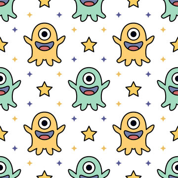 Cute kawaii one eyed alien monster and star seamless pattern