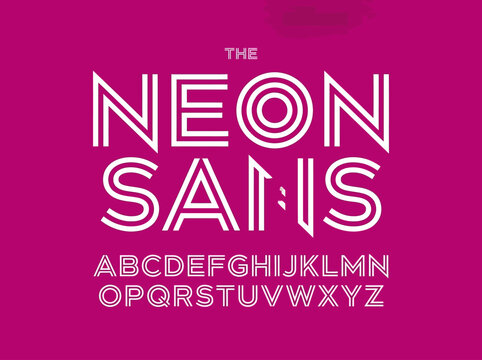 Modern Neon Sans Serif Alphabet Set - Stylish Retro Futuristic Typography with Double Line Letters on Vibrant Magenta Background