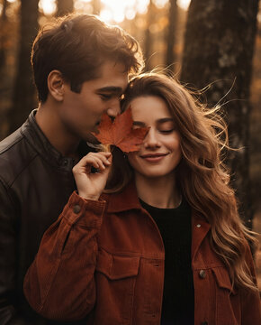 Happy couple in an autumn forest, with a woman holding a large dry red-orange maple leaf.