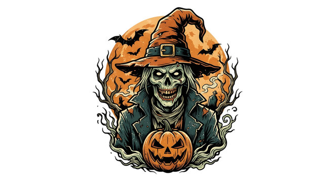 Vintage Scary Halloween Skeleton Witch with Jack O Lantern Pumpkin PNG T-Shirt Design.