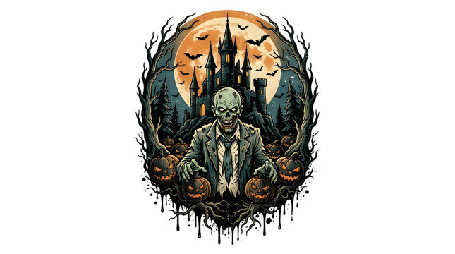 Vintage Horror Zombie & Haunted Castle Halloween T-Shirt Design