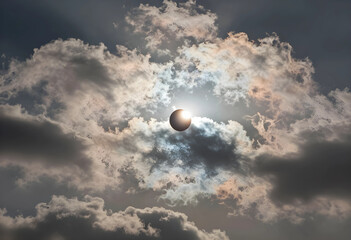 Fototapeta premium Solar eclipse astronomy event, partial sun obscuration by moon with dramatic clouds in sky for scientific research and celestial phenomenon observation
