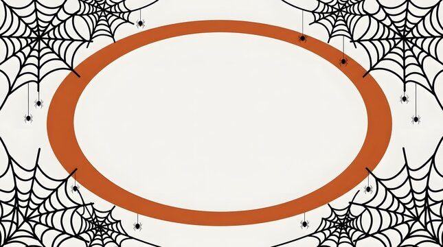 Spider web corner frame pattern with cute black arachnids on bright white and orange surface.