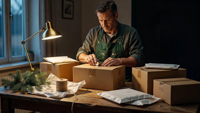 Middle-aged craftsman in green apron focused on sealing cardboard parcels for delivery against a dimly lit workshop background with a brass lamp and evergreen branch