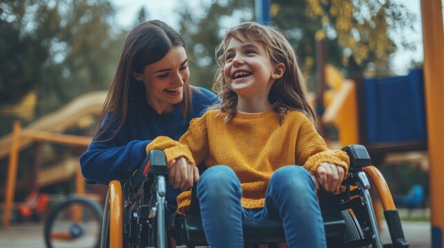 Mother and child in wheelchair playing at park