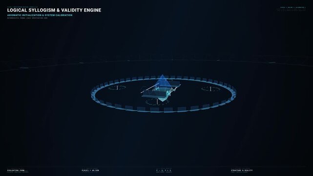 Educational animation of a logical syllogism and validity engine explaining deductive and inductive reasoning concepts through abstract 3D geometric structures and futuristic data interfaces