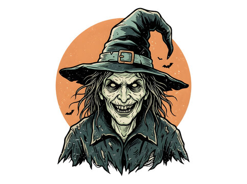 Vintage Scary Halloween Witch Full Moon T-Shirt Design PNG.