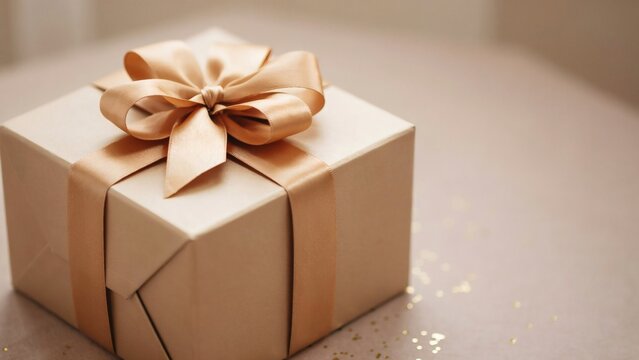 Elegant gift box wrapped in beige paper with a shiny golden ribbon bow on a festive background