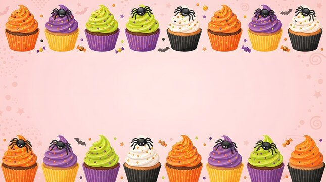 Halloween cupcake border featuring decorated treats and spiders on soft pastel pink backdrop.