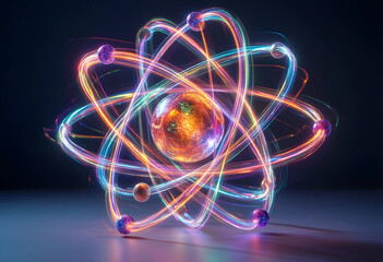 Fototapeta premium Quantum physics and atomic energy, glowing subatomic particles with light trails orbiting a central nucleus for scientific research and technology