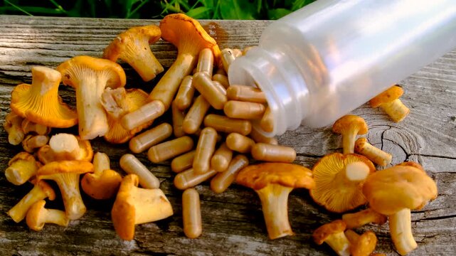 Capsules of chanterelle mushrooms supplements. Selective focus.