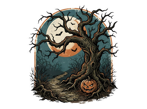 Vintage Spooky Halloween Dead Tree and Jack O Lantern PNG T-Shirt Design.