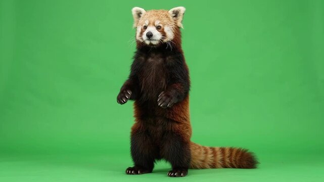 red panda standing on hind legs on green screen, cute Australian and Asian wildlife mammal, curious animal behavior, detailed fur and bushy tail, isolated 4K stock video footage