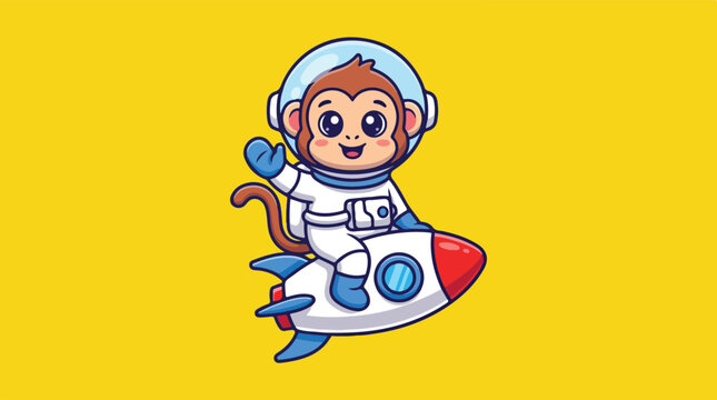 Cute cartoon monkey astronaut riding a rocket ship in space.