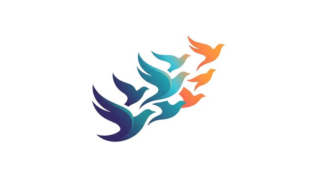 A conceptual vector illustration of a flock of colorful birds flying together in a dynamic upward motion, transitioning from purple and teal to bright orange gradients,