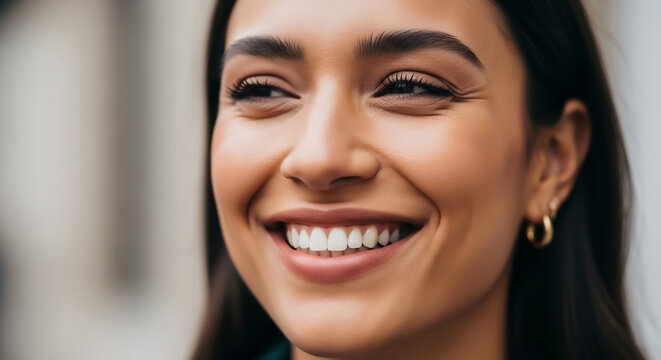Close-up portrait of a smiling woman wearing small gold hoop earrings.