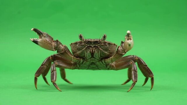 crab waving and opening its claw on green screen, marine wildlife behavior, detailed crustacean, isolated sea animal, natural claw movement, ocean life and biology stock video footage
