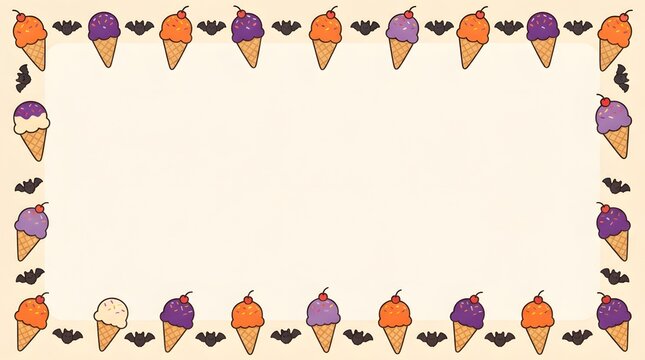 Halloween ice cream cone border with orange and purple scoops and bats on cream background.
