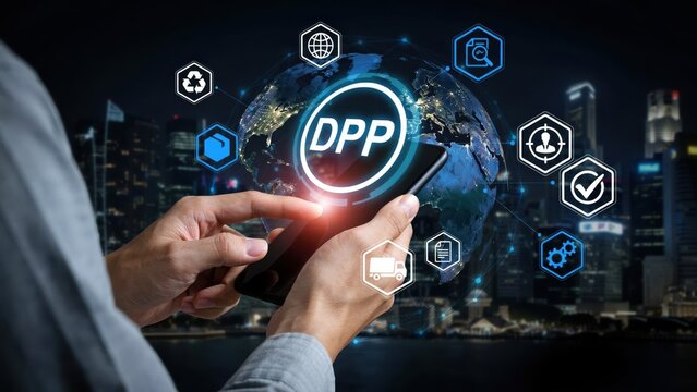 Hand holding smartphone with digital dpp globe and business overlay