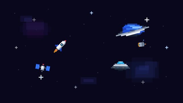 Pixel Art Outer Space Background with Rocket Spaceship Planet and Satellite
