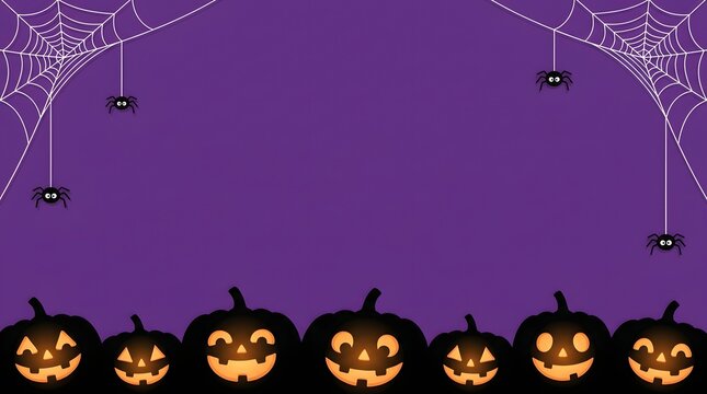 Halloween pumpkin jack o lantern silhouettes on purple background with spider webs and spiders.