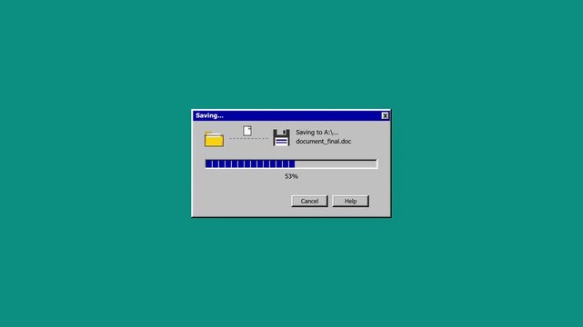 A vintage graphical user interface displays a progress bar indicating that a personal computer application is currently writing archived information onto a magnetic diskette for permanent