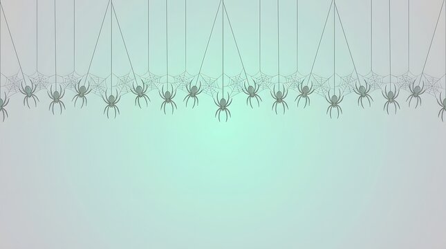 Hanging spiders with detailed webs on soft green gradient backdrop for spooky holiday banners.