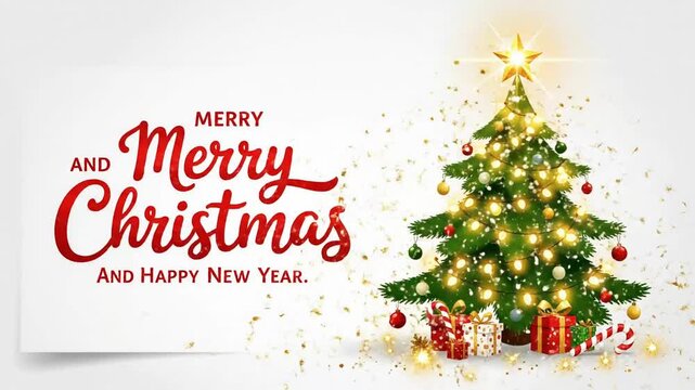 Merry Christmas banner with decorated christmas tree