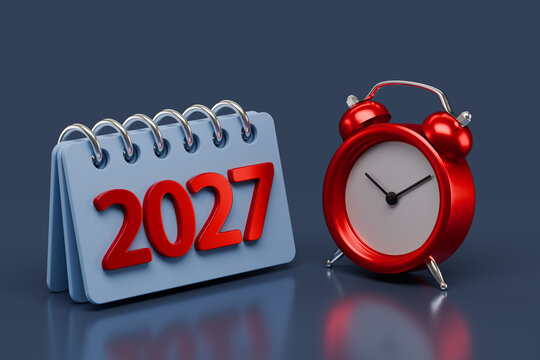 Blue desktop calendar showing 2027 standing next to a red alarm clock on an dark blue background