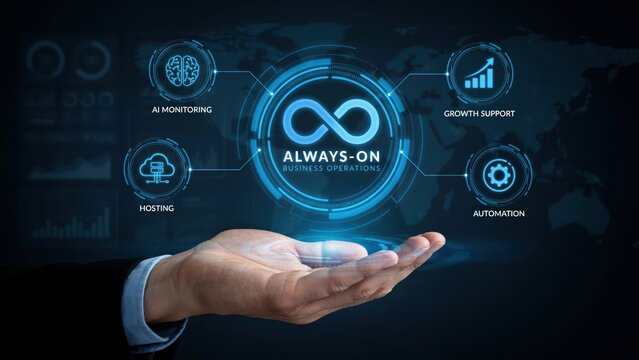 Hand holding a digital interface showing always on business operations concept