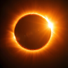 Fototapeta premium Solar eclipse and astronomy event, total sun eclipse with glowing corona and light flare in dark space for science and celestial phenomenon research