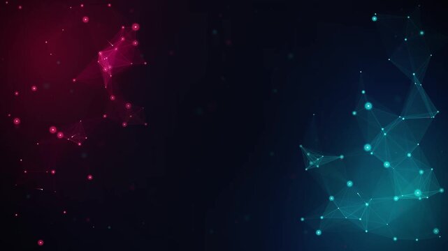 Abstract digital network connection background with glowing plexus particles in pink and blue tones on dark layout