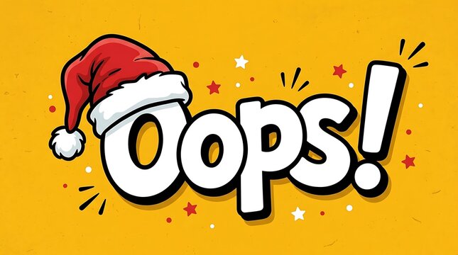 Oops word art with red Santa hat in pop art comic book style on a bright yellow background for Christmas holiday