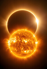 Fototapeta premium Solar eclipse and astronomy, total sun eclipse with glowing corona and solar flares in deep space, celestial event and cosmic phenomenon in the universe