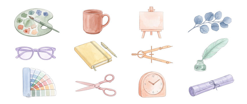Watercolor stationery art creative tools set with palette easel notebook scissors glasses and clock clipart elements isolated on dark background for design craft education and office layout