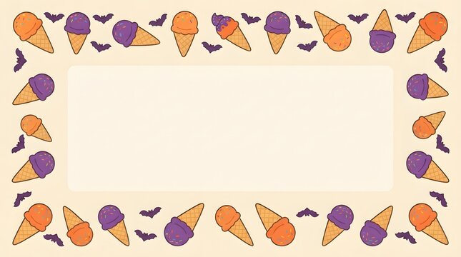 Ice cream cone pattern frame with orange and purple treats and bat icons on cream background.