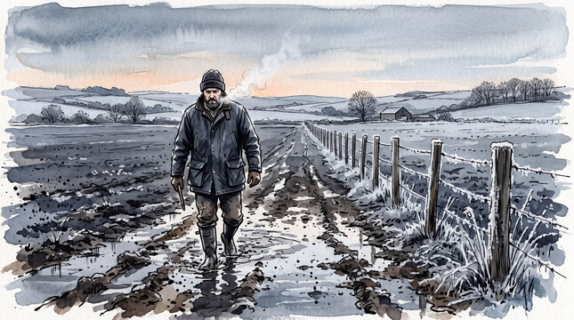 Bearded farmer in rubber boots wading through muddy winter field at dawn