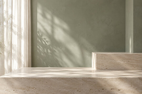 Sage gray wall and travertine ledge with sheer curtain light